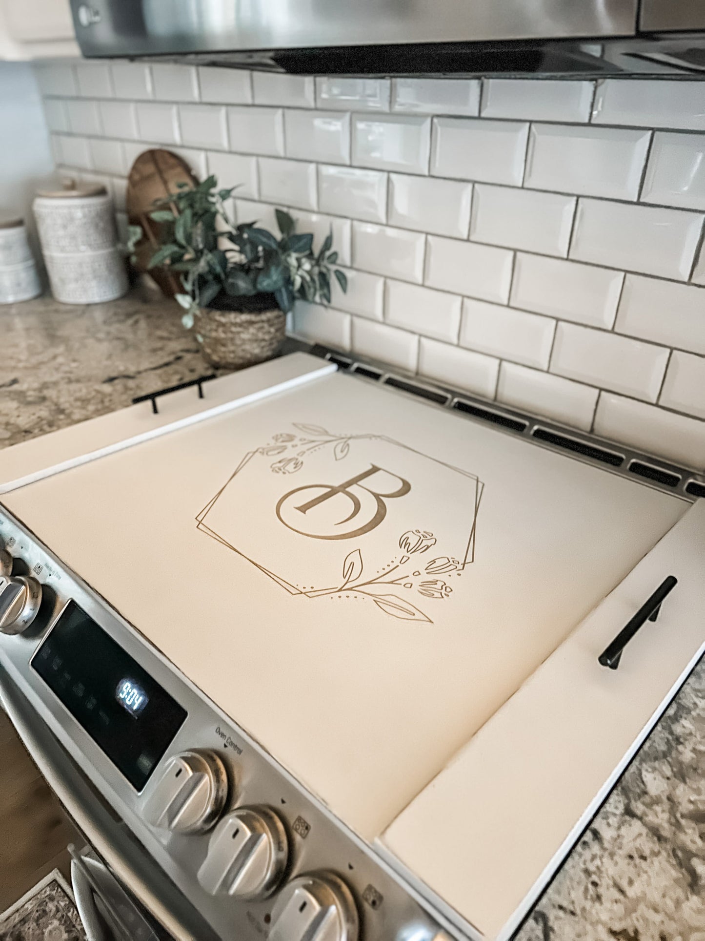 Personalized Initial Stove Cover + Floral Accent, Ivory Distressed "Brillion"